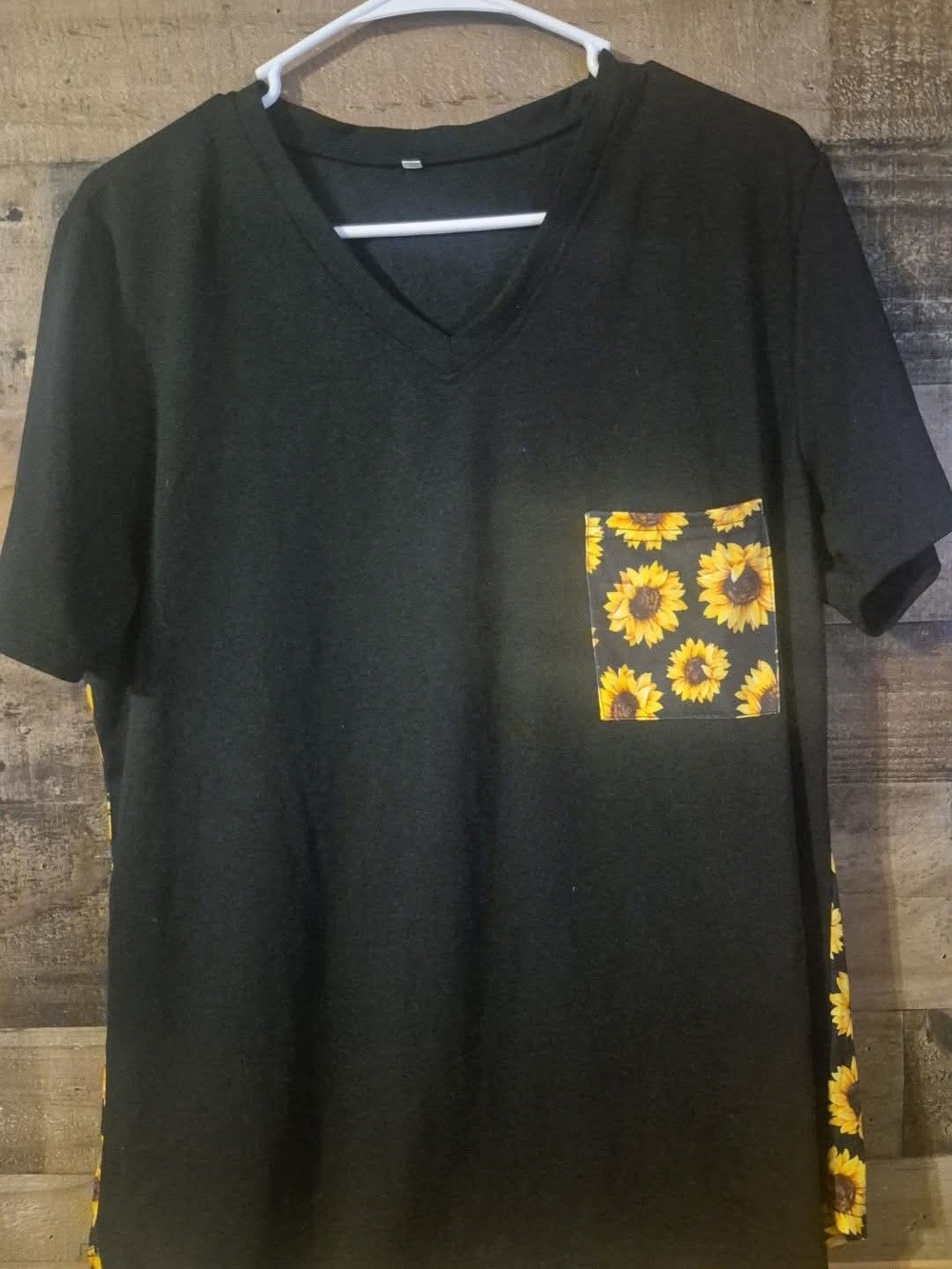 Black V-Neck Tee with Sunflower Pocket &  Back With Sunflowers